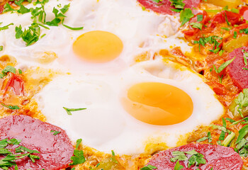 Delicious breakfast dish with eggs and vegetables in a vibrant setting