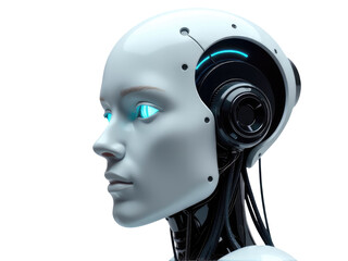 A close-up view of a robot's head with bright blue eyes, perfect for technology or futuristic concepts.transparent background