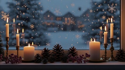 Romantic Candlelight on a Window Sill with Winter Landscape View, Pine Cones, and Christmas Evergreen Decorations.