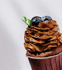 Delicious chocolate cupcake topped with creamy frosting and fresh blueberries