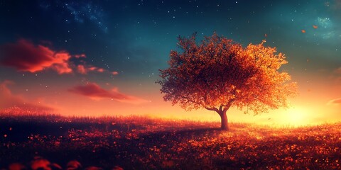 A solitary tree stands silhouetted against a vibrant sunset sky in a field of flowers and leaves