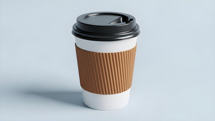 Disposable Paper Coffee Cup with Sleeve on a White Surface, Mockup for Cafe Branding and Coffee to Go