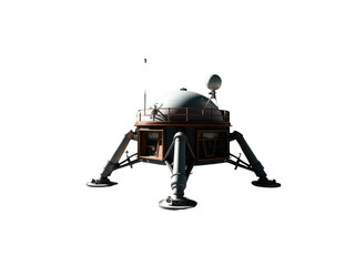 Small robot perched on a table surface with unknown background.transparent background