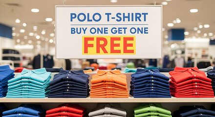 Colorful Polo T-Shirts On Display With Buy One Get One Free Sign In Retail Store

