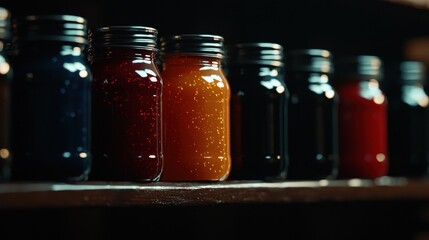A collection of glass jars filled with various colored liquids.
