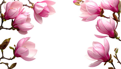 Fototapeta premium Delicate pink and white blooms, framed by dark branches, adorn a sleek black backdrop, creating elegant floral display