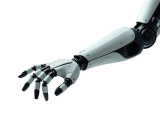 A close-up shot of a robotic hand extending its fingers towards an object or person.transparent background