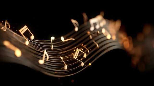 Glowing golden musical notes flowing on dark staff