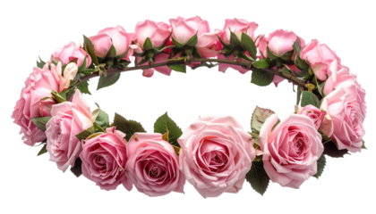A delicate floral wreath composed of vibrant pink roses, intertwined with verdant green leaves and stems, forming a graceful circular design