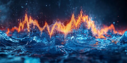 Glowing orange graph rising from blue abstract landscape