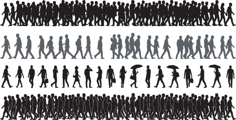 WebDiverse Collection of Human Head Profile Silhouettes walking Crowd Business People and Pine Forest Tree Line Horizons for Identity and Nature