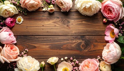 Elegant Pink and Cream Flowers Bordering Rustic Wooden Surface.