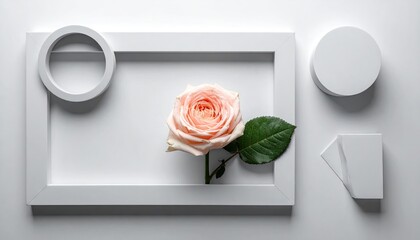 Elegant pink rose bloom arranged in a minimalist white frame with abstract geometric elements.