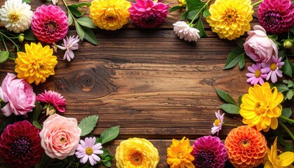 Colorful floral border arrangement of fresh blooming flowers on rustic wooden background.