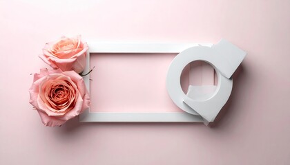 Elegant flat lay composition featuring delicate pink roses and a modern abstract shape on a soft pastel background.