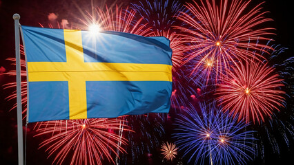 Sweden Flag With Fireworks Background
