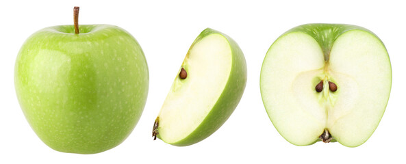 green apple (granny smith apple), half and slice isolated, transparent PNG, PNG format, cut out