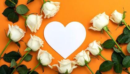 Elegant White Roses Arranged in a Heart Shape on a Vibrant Orange Background.