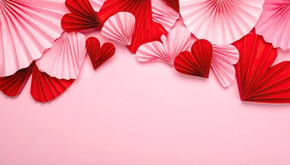 Decorative arrangement of red and pink paper hearts and fans for celebrations.