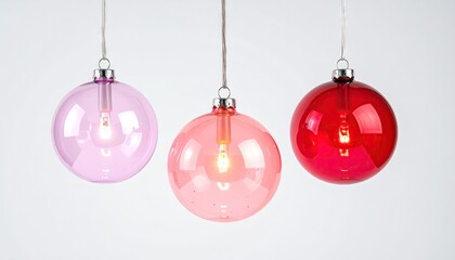 Three transparent glass Christmas ornaments with internal lights in pink and red.