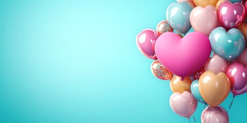 Heart shaped balloons in pastel colors against a light blue background for valentines day theme