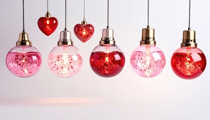 Decorative glass baubles filled with glitter and heart shapes hanging.