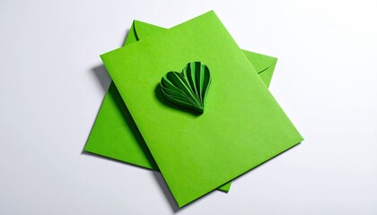Two bright green paper cards with folded green heart decoration.