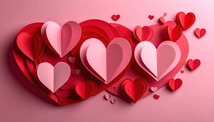 Beautiful arrangement of layered paper hearts in shades of pink and red for romantic occasions.