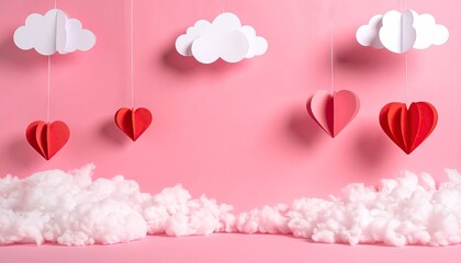 Pink background with floating red paper hearts and white clouds for love themes.
