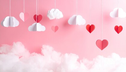 Handmade paper hearts and clouds decoration on pink background.