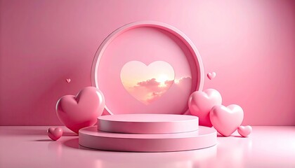 Romantic pink podium with heart decorations and circular frame revealing sunset sky.