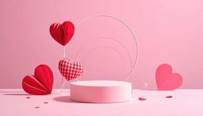 Minimalist Valentines Day scene with pink podium and red heart decorations.