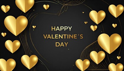 Elegant golden hearts on dark background for Happy Valentines Day celebration.