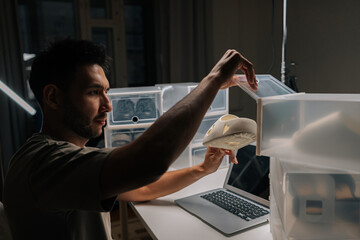 Professional male entrepreneur organizing shoe inventory at home, managing online store and...