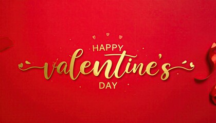 Elegant Golden Calligraphy Happy Valentines Day Greeting on Red Background with Ribbon.