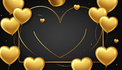 Golden Heart Balloons and Outline on Dark Background Celebration.
