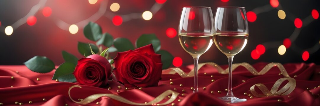 Two glasses of white wine and two red roses arranged on luxurious red silk fabric, set against a romantic bokeh light background. - Powered by Adobe