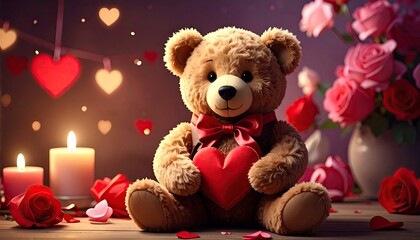 Adorable Teddy Bear Holding Heart Surrounded by Candles and Roses.