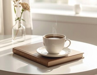 Steaming cup of coffee on a book next to a vase with dried flowers by the window