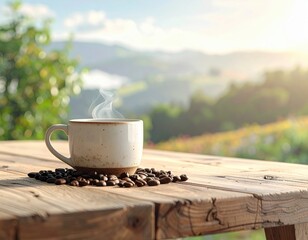Steaming cup of coffee with beans on a rustic wooden table overlooking a scenic landscape