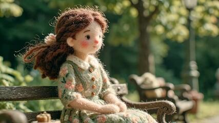 A charming doll with curly brown hair and a floral dress sits thoughtfully on a park bench, bathed in soft sunlight.