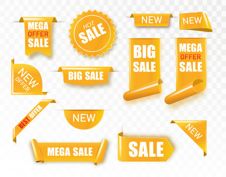 Golden satin ribbon tag. Gold textile label for sale promotion text. Discount and special offer badge. Vector