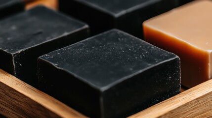 A wooden box with black and tan bars.