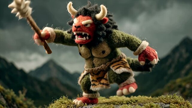 Japanese Oni Demon Stop Motion Animation with Spiked Club in Mountainous Landscape.