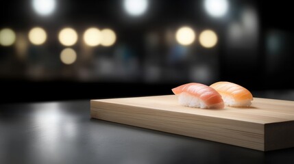 Sushi on a wooden board.
