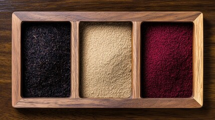 A wooden tray with three compartments filled with different types of tea leaves.
