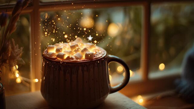hot chocolate mug topped with glowing stars instead of marshmallows, surreal cozy Christmas vibe 