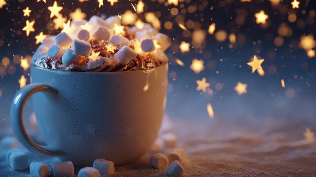 hot chocolate mug topped with glowing stars instead of marshmallows, surreal cozy Christmas vibe 