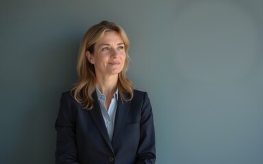an image of a middle-aged woman in a business suit against a cool, slate gray background. High quality
