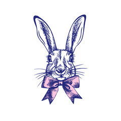 Cute Easter vintage bunny portrait with bow. Hand drawn hare animal. Retro sketch isolated vector illustration